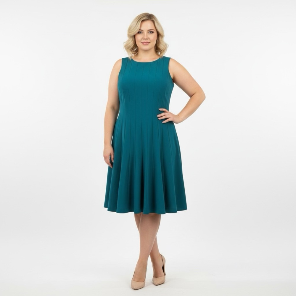 Wedding Night Teal Sleeveless Dress Fit & Flare size 4P Pleating Skirt Stretch